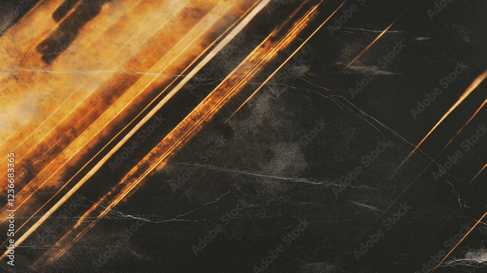 Aufkleber Abstract dark background with streaks of warm golden-orange light creating dynamic movement and depth. The vintage, film-like texture includes visible scratches and smudges, with converging light patt