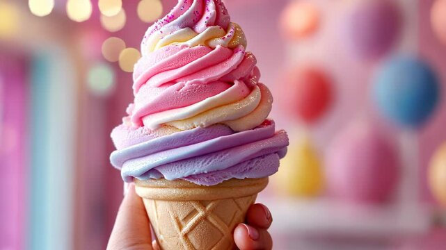 Colorful ice cream cone held in hand with vibrant background decor