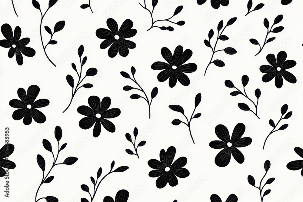 Poster black and white floral pattern featuring delicate flowers and leaves on a light background suitable 