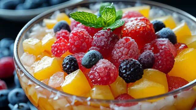 Colorful fruit salad with berries and mint leaves, served in a bowl
