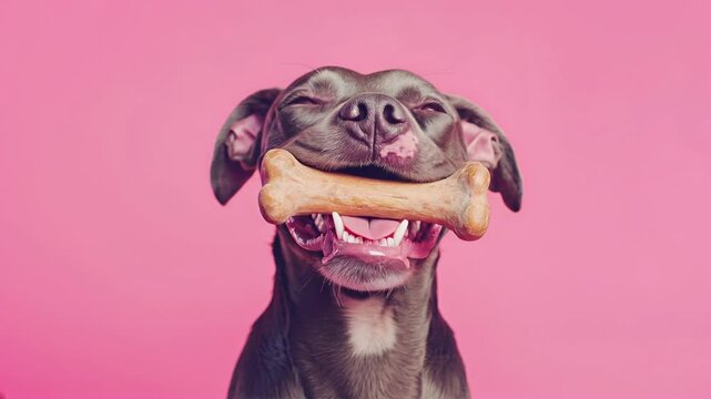 Adorable dog holding a bone toy with a happy expression, isolated on a vibrant pink background