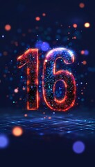 Glowing Digital Number 16 in Futuristic Style on a Dark Blue Abstract Background with Bokeh Lights