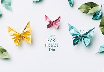 Rare Disease Day Poster with Colorful Origami Butterflies and Text on White Background