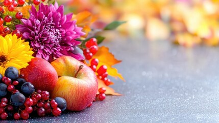 Autumn harvest fruits & flowers on table