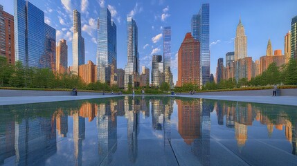 Serene Skyline Reflection: A Tranquil Evening in Midtown 