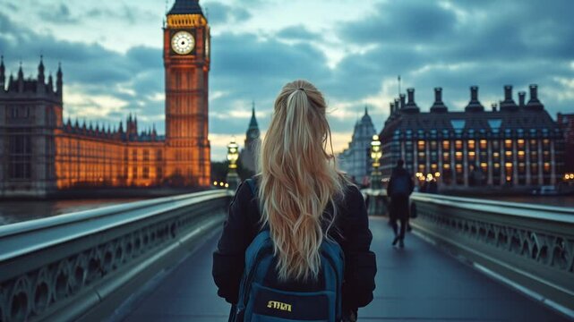 Blonde tourist walking on Westminster Bridge at sunset towards Big Ben and Houses of Parliament in London, GB