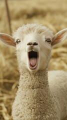 Obraz premium Yawning lamb in hay field, farm animal portrait, rural background, agricultural use.