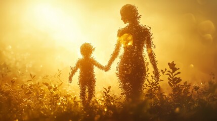 Silhouette of Mother and Child in Nature with Golden Sunrise Glow