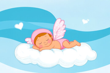 Pretty angel baby with wings resting on the cloud on a blue sky background