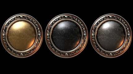 Gold, silver and bronze metal circle frames 3d vector realistic illustration. First, second and third place medals or buttons isolated on black background. Certified. Quality blank, empty badge set.