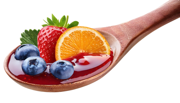 Delicious fruit compote with strawberries, blueberries, and orange slices in a wooden spoon, isolated on white.
