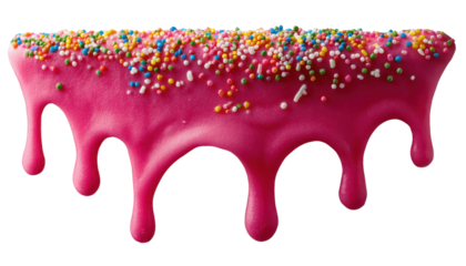 A colorful donut with pink frosting and vibrant sprinkles, dripping with sweetness, perfect for dessert lovers.