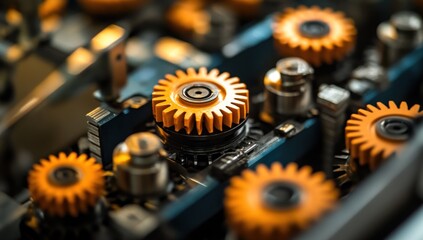 Close-up of intricate orange gears in complex machinery, showcasing precision engineering and industrial mechanics.