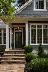 Obraz premium Modern Gray House Exterior with Stone Steps and Landscaping. Beautiful home design and architecture. Real estate photography.