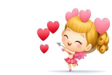 Obraz premium Pretty Amur or cupid happy baby angel character with bow and arrow and spreading love hearts on white background