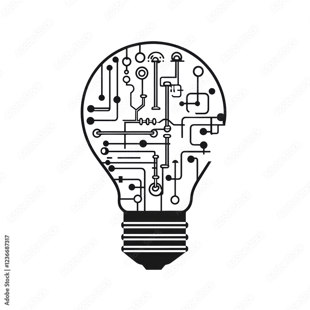 Aufkleber an illustration depicts a lightbulb with internal circuitry symbolizing innovative technology and br