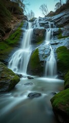 Fototapeta premium Waterfall Surrounded by Vibrant Moss