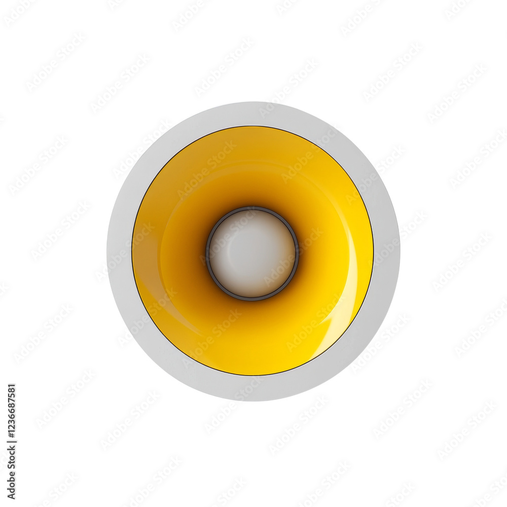 Poster a digital illustration depicts a circular speaker with a yellow inner section and a white outer rim 