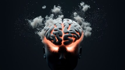 Obraz premium brain rot concept. A surreal representation of a brain emitting smoke and light, symbolizing thought and creativity.