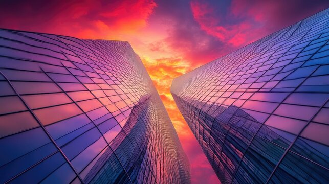 Futuristic skyscraper with curved glass walls reflecting the sunset