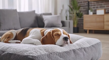Peaceful Beagle Sleeping on Cozy Dog Bed in Modern Living Room