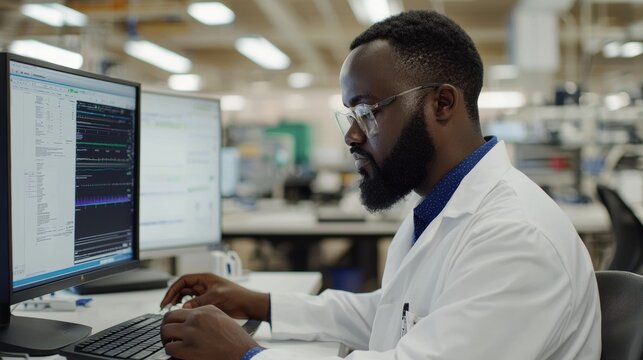 Laboratory research activities modern lab digital workspace innovative technology side view scientific analysis