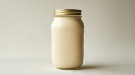 Creamy Beige Beverage in Glass Jar on Neutral Background
