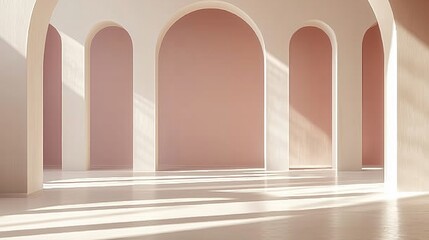 Elegant minimalist interior with soft lighting and arched architecture