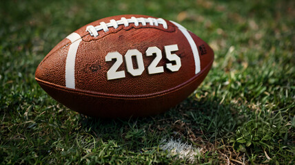 Obraz premium 2025 Football on Green Grass Field, Close-up of American Football with Year Marking