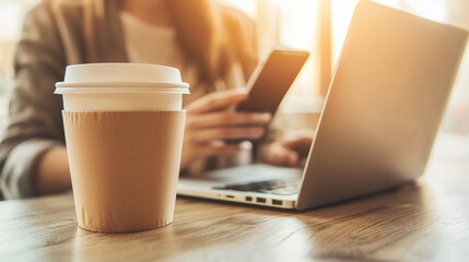 A finely detailed close-up of a takeaway coffee cup with a slightly creased paper sleeve. In the blurred background, a young professional in smart-casual attire works on a laptop,