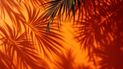 Tropical palm leaves natural shadow overlay on orange texture background, for overlay on product presentation, backdrop and mockup, summer seasonal concept, minimal trend style