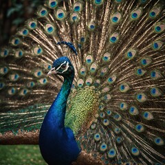 Fototapeta premium A vibrant peacock spreading its iridescent feathers in a royal garden.