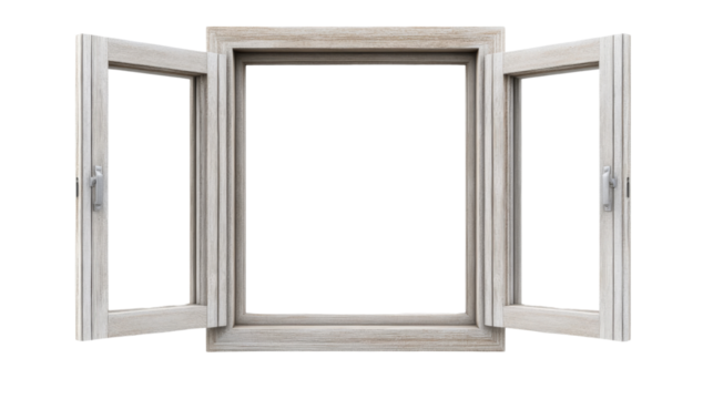 Open wooden window frame with transparent background letting light in - Powered by Adobe