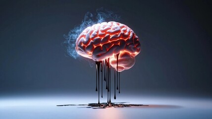 brain rot concept. A surreal brain emitting smoke and dripping liquid, representing creativity or intelligence.