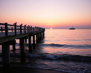 Obraz premium Serene twilight casts soft hues over the tranquil ocean as seagulls gather on the pier at sunset