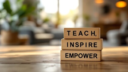 Wooden blocks with words 'Teach inspire motivate empower'.