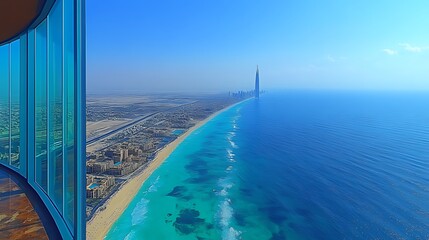 Fototapeta premium Panoramic view of coastal city skyline and turquoise ocean from skyscraper window.