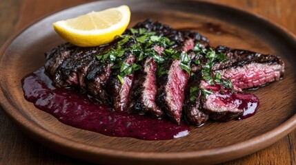 Seared Steak with Berry Reduction and Lemon