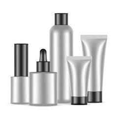 Set Of Metallic Cosmetic Bottles With Black Caps, Isolated On White Background. Vector Illustration