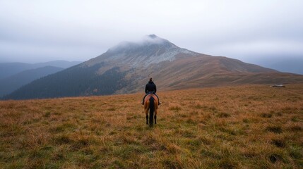 Rider on horseback atop mountain, autumnal landscape