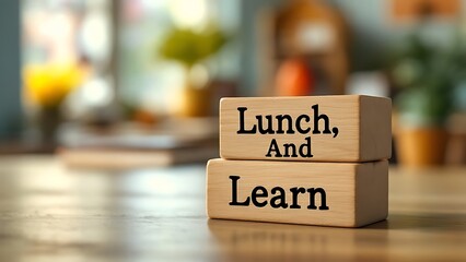 Wooden blocks form the words 'Lunch and Learn' on blur background.