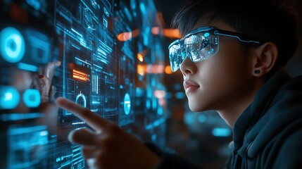 Teenager wearing futuristic glasses interacts with a holographic interface, navigating complex data visualizations.