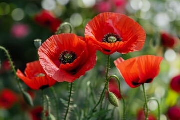 Fototapeta premium Vibrant red poppies blooming in a field, creating a picturesque summer scene