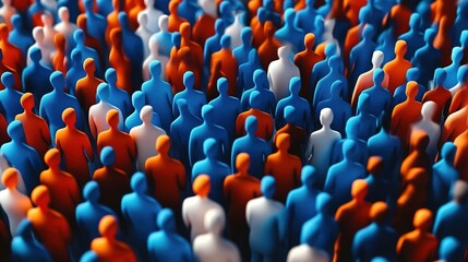 Obraz premium A large group of blue and orange people, representing the concept of community or audience for marketing.