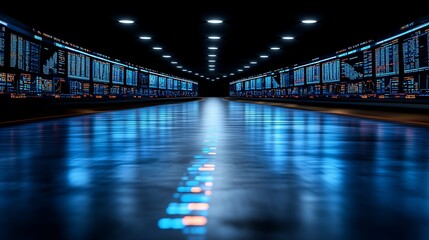 Futuristic Data Corridor Illuminated With Screens Displaying Financial Information