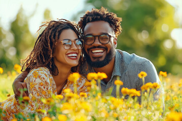 A couple is smiling and hugging in a field of yellow flowers