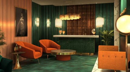 Mid-Century Modern Lounge with Emerald Green Bar and Burnt Orange Armchairs