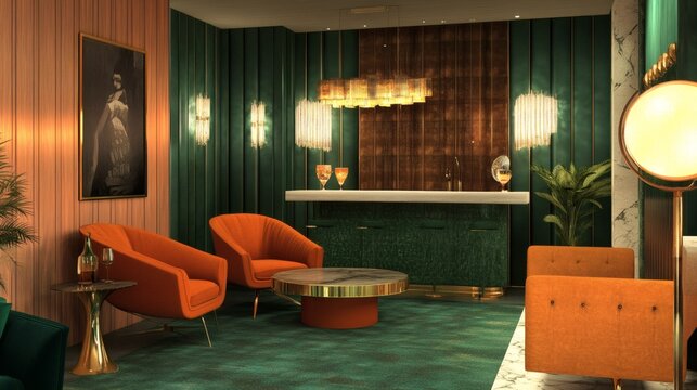 Mid-Century Modern Lounge with Emerald Green Bar and Burnt Orange Armchairs