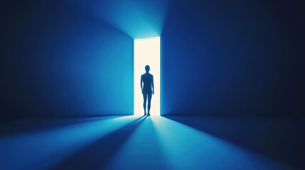A person standing at the entrance of an open door, with light streaming in from behind and illuminating their silhouette against a blue background.