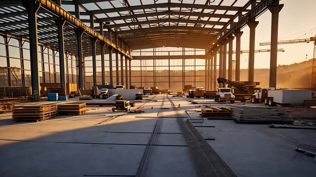 Large Industrial Warehouse Under Construction with Steel Framework, Scattered Materials, and Sunset Light

